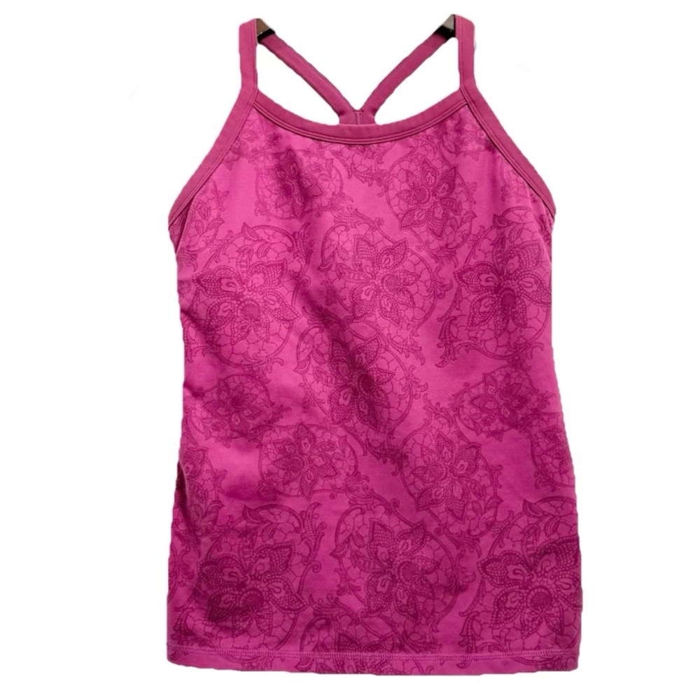 LULULEMON Ujjayi Power Y Mesh Back Raspberry Fuchsia Floral Tank Top Size 8